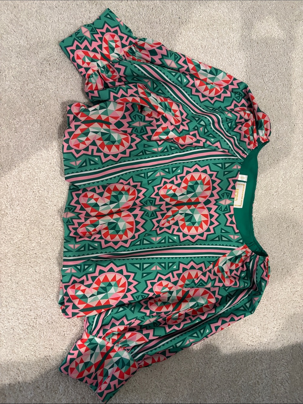 Green Geometric Puff-Sleeve Blouse - Vibrant Pattern